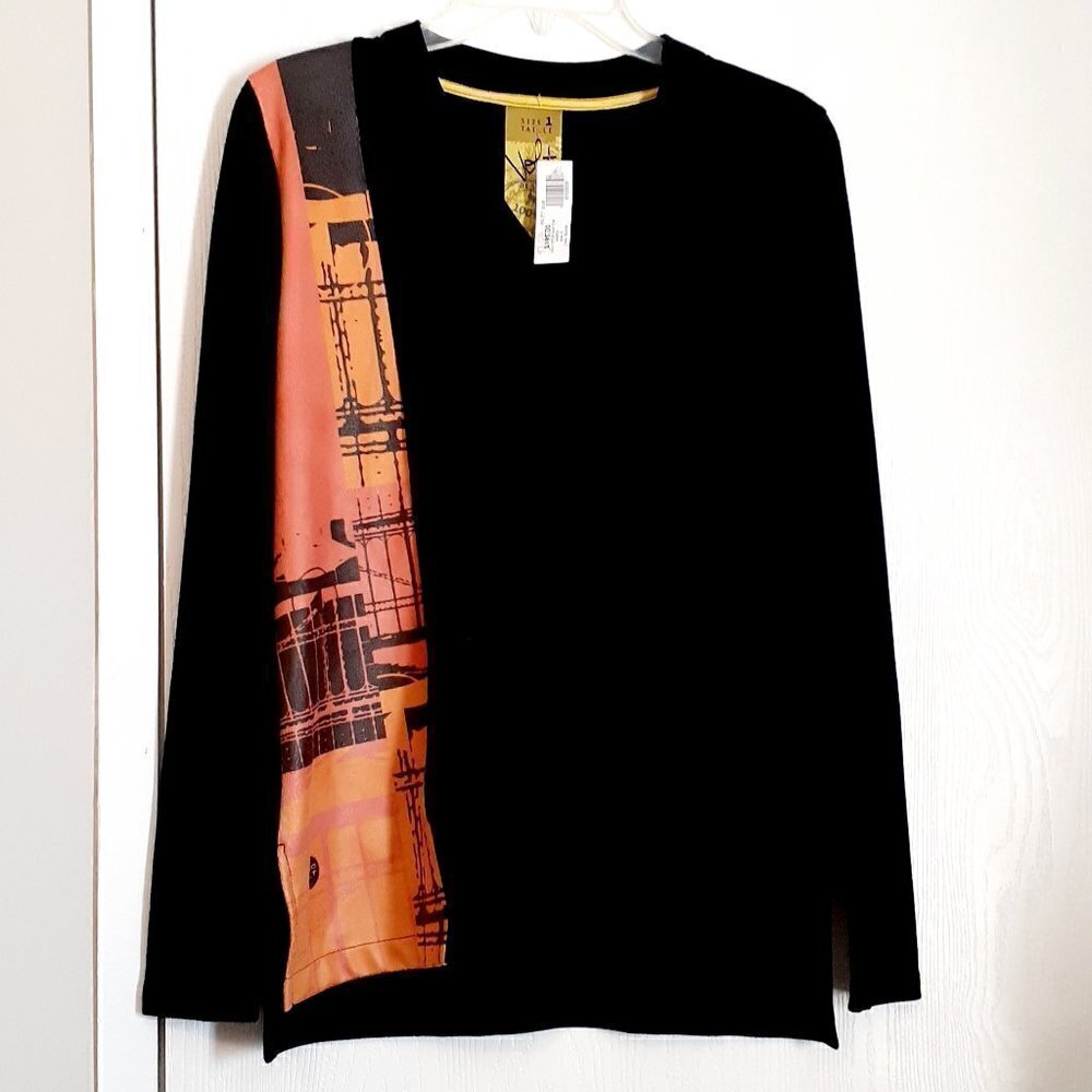 NWT - VOLT DESIGN Black V-Neck Sweater Top w Faux Leather Contrast; Size Small
